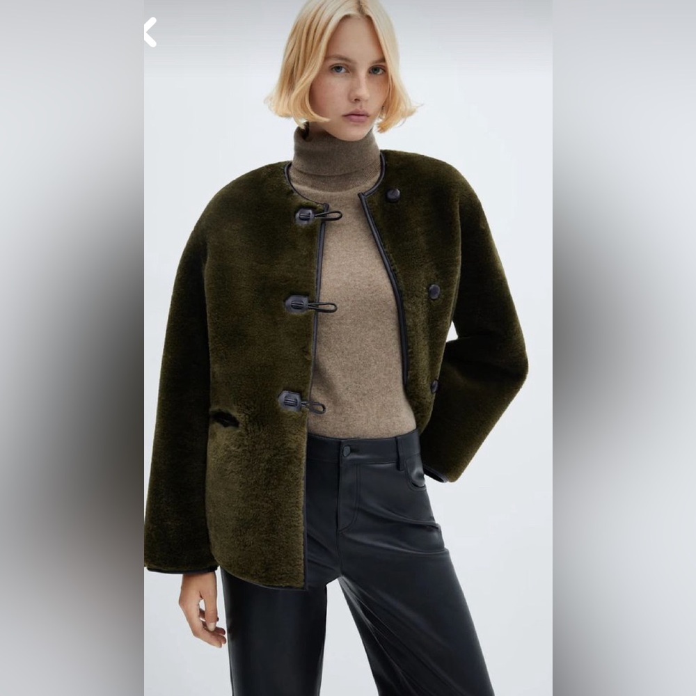 Mango Olive Green Faux Shearling Toggle Jacket